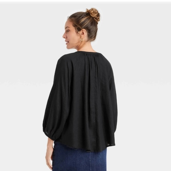 A New Day Black Peasant Style Long Sleeve Linen Mix Split Neckline Top M… - Picture 2 of 11